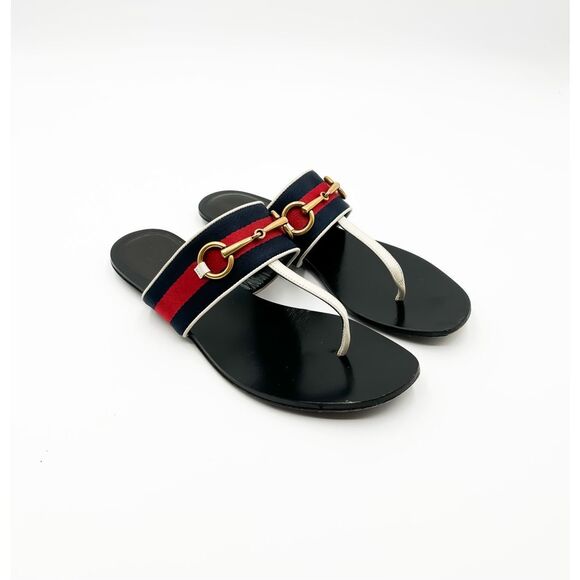 Gucci Horsebit Web Stripe Sandals Flip Flops Flats Slides 37, 7 - Picture 1 of 11